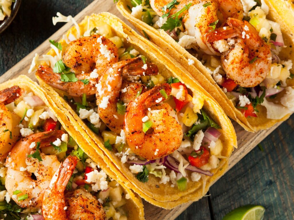 Plate of spicy shrimp tacos
