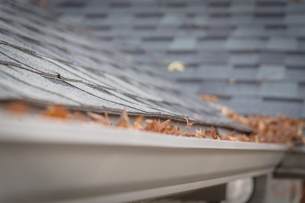 House gutter that’s clogged with dried leaves.