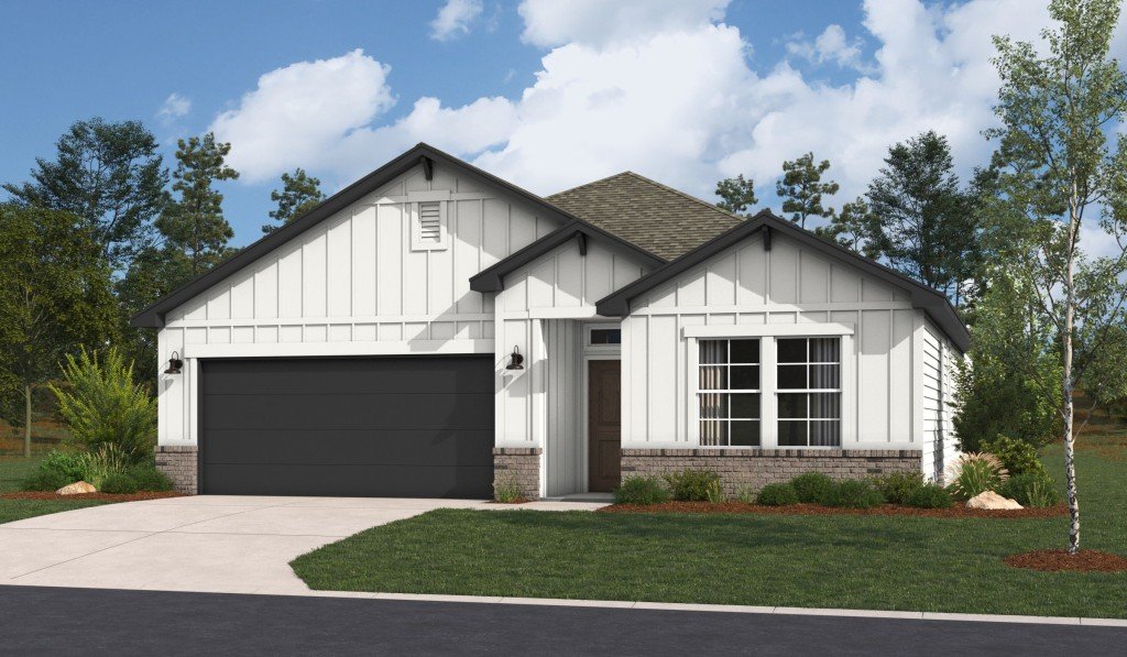 Rendering of the Valencia floor plan with a white modern farmhouse elevation, contrasting dark garage door and trim, board-and-batten siding, and clean front landscaping.