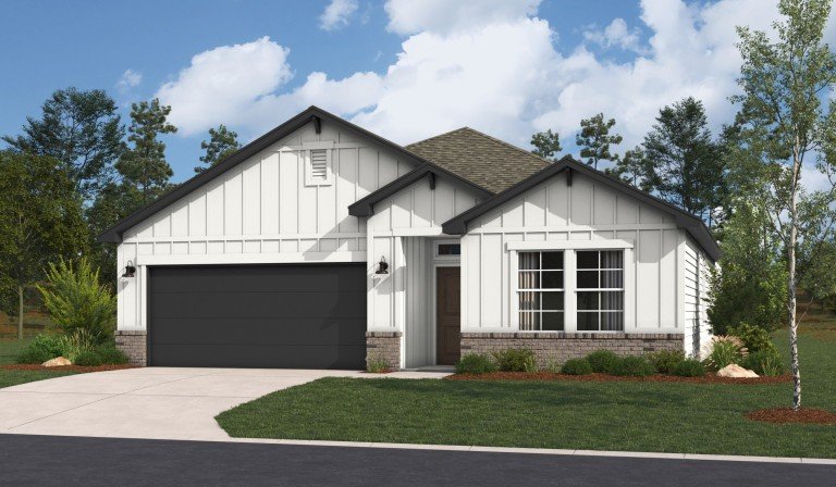Rendering of the Valencia floor plan with a white modern farmhouse elevation, contrasting dark garage door and trim, board-and-batten siding, and clean front landscaping.