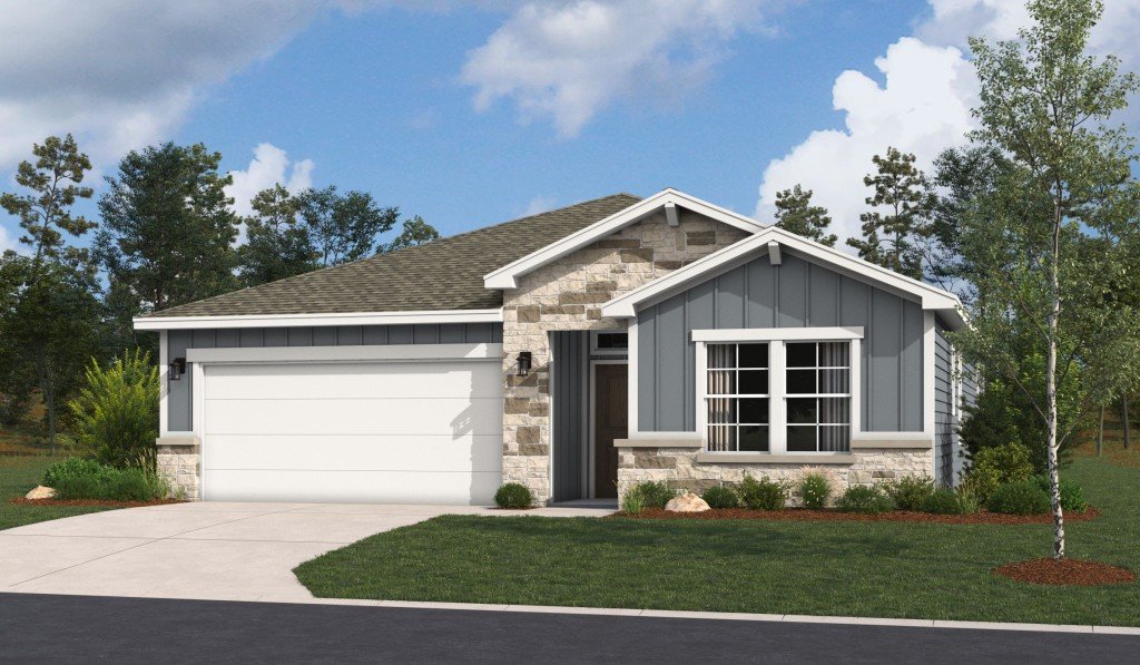Rendering of the Valencia floor plan showcasing a Hill Country elevation with stone accents, gray board-and-batten siding, a two-car garage, and a landscaped front yard.