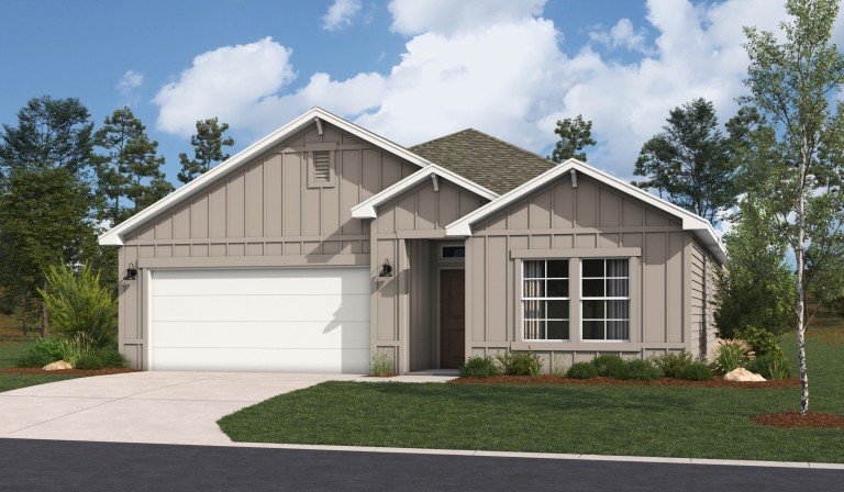 Rendering of the Tularosa floor plan featuring a taupe farmhouse elevation with board-and-batten siding, white trim, a two-car garage, and fresh front yard landscaping.