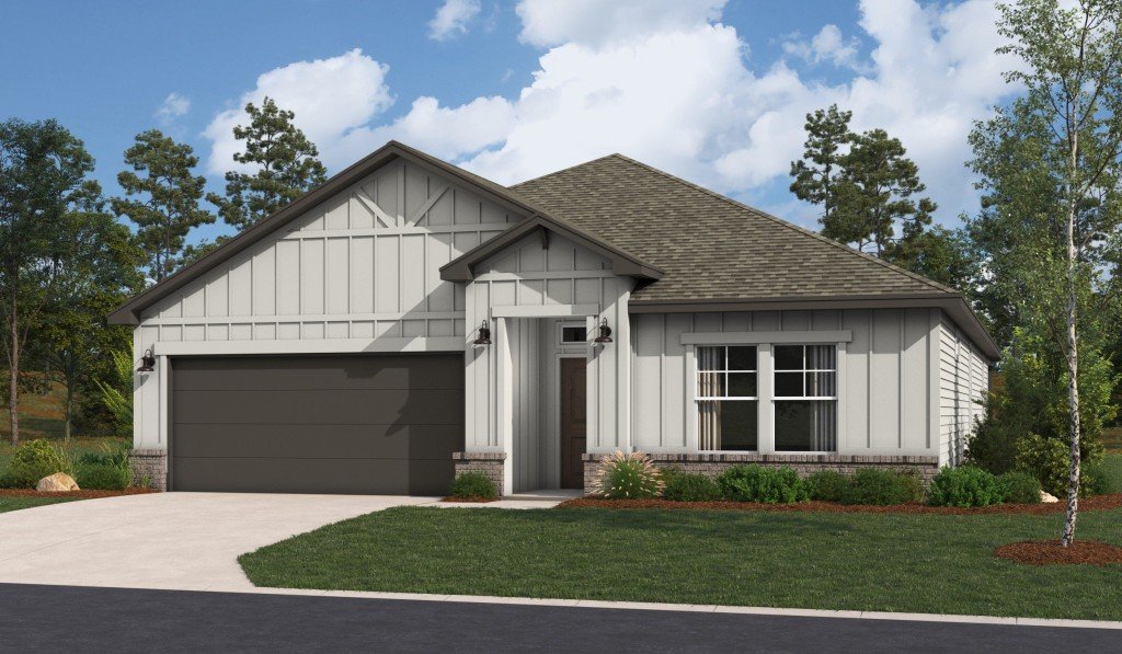 Rendering of the Arlington floor plan featuring a light gray modern farmhouse elevation with board-and-batten siding, dark garage door and trim, and clean front landscaping.