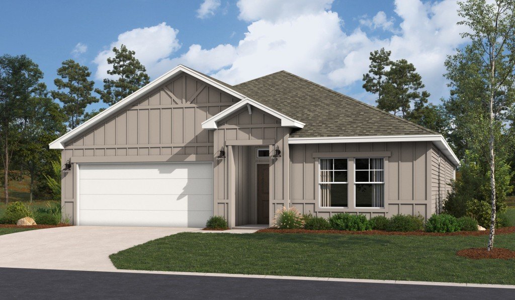 Rendering of the Arlington floor plan with a taupe farmhouse elevation, white trim, board-and-batten siding, and a two-car garage with landscaped front yard.