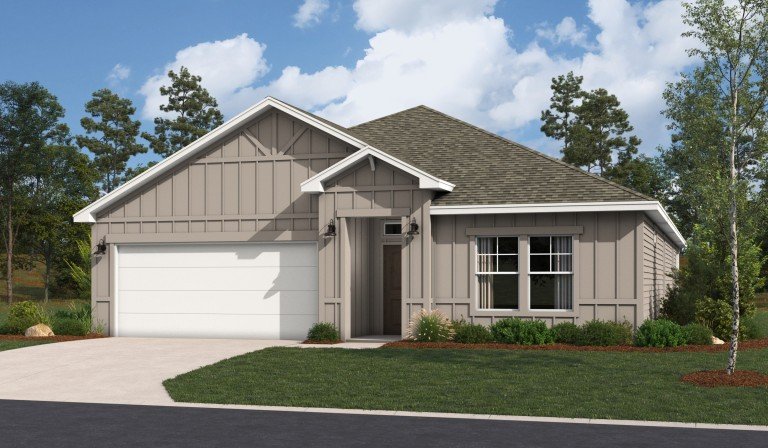 Rendering of the Arlington floor plan with a taupe farmhouse elevation, white trim, board-and-batten siding, and a two-car garage with landscaped front yard.