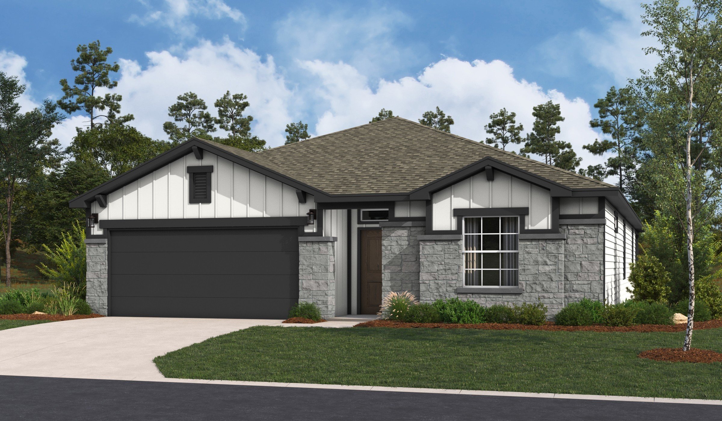 Rendering of the Arlington floor plan showcasing a Hill Country elevation with white board-and-batten siding, gray stone accents, dark trim, and a two-car garage.