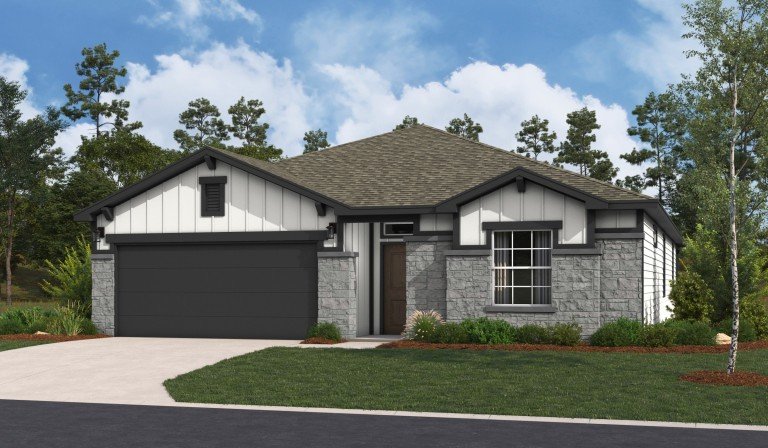 Rendering of the Arlington floor plan showcasing a Hill Country elevation with white board-and-batten siding, gray stone accents, dark trim, and a two-car garage.